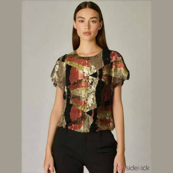 100% COTTON~VTG~SEQUIN BLOUSE~ABSTRACT~LG~ NWT - Picture 2 of 12